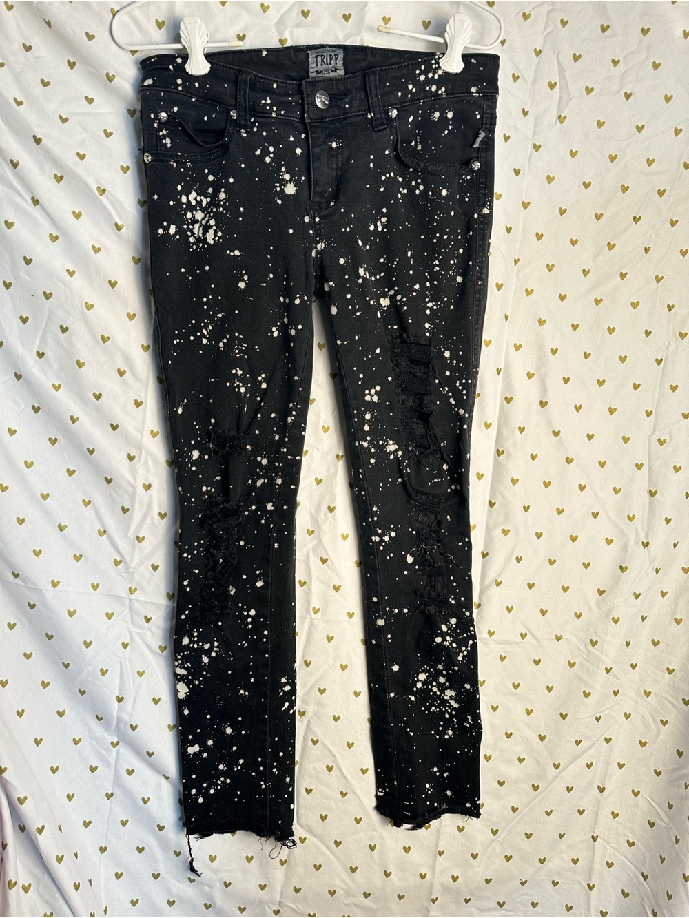 Tripp NYC Distressed  Black Skinny Jeans with White Paint-Splatter